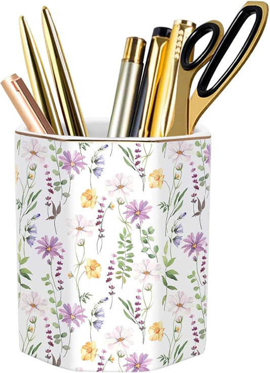 Ceramic Floral Pencil Pen Holder, Cute Stationery Holder for Office, Makeup Brush Holder for Girl Women, Pretty Flower