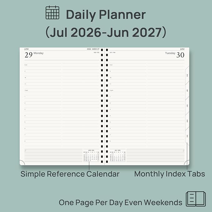 POPRUN 2026-2027 Daily Planner One Page Per Day, Large Size 8.5" x 12", Daily Calendar Book with July 2026 to June 2027, Academic Hardcover Appointment Book with Hourly Time Slots, Spiral Bound, Monthly Tabs - Pacific Green