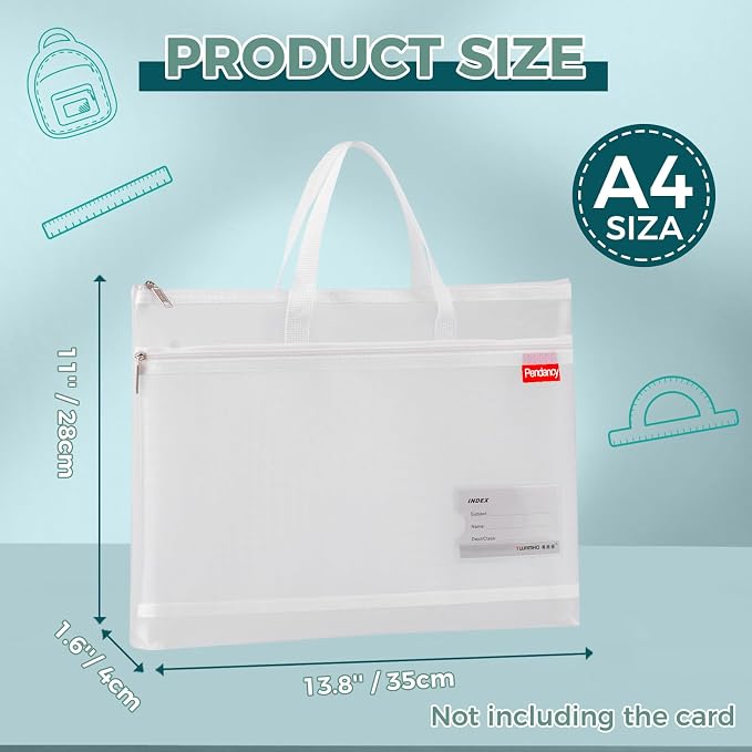 Pendancy Mesh Zipper Pouch A4 Size, Large Double Pocket Lightweight Nylon Transparent File Bag with Handle, 11x13.8 in Foldable Document Storage for Puzzle Project/Cross Stitch/Travel/Office (White)