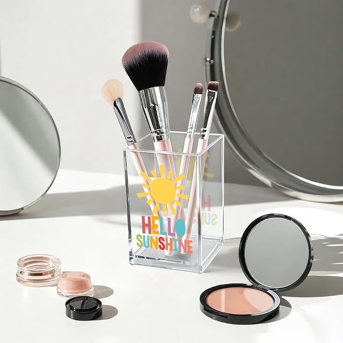 Hello Sunshine Acrylic Cosmetic Pencil Pen Holder Cup, Inspirational Sunshine Desk Organizer Accessories for Home Office Decor, Motivational Appreciation Gifts for Coworker Teacher Secretary