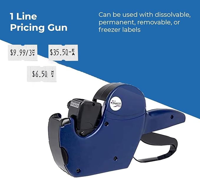 Perco Pro 1-Line Price Gun with Labels Kit - Includes 1-Line 8-Characters Price Labeler Gun, 10,000 Blank White Labels, a Label Scraper & a Pre-Loaded Ink Roll Bundled with Perco Labeler Gun Clip