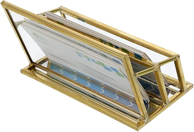 Hipiwe 2 Slots Glass Business Card Holder Stand - Gold Metal Frame Name Card Display Stand Business Name Card Organizer for Office Tabletop,Fits 80-100 Business Cards
