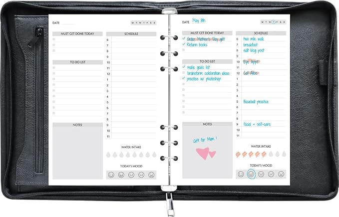 Fan&Ran Zipper Planner Organizer, Undated Starter Set Simulated Leather Cover, 6-Ring Binder, A5, Black