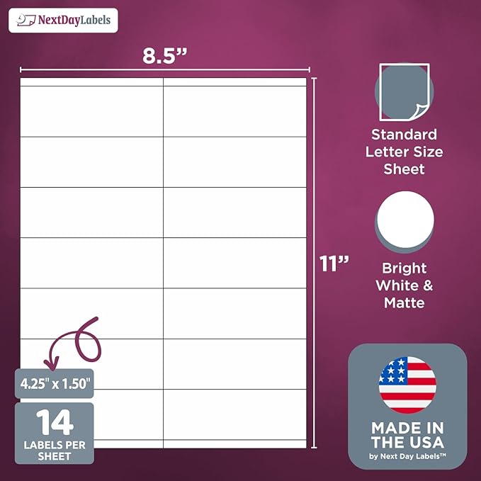 NextDayLabels 4.25x1.5 Inch Rectangle Stickers White Blank Labels for Laser Inkjet Printer - 14 Per Sheet Self-Adhesive Unique Size Label Made in USA - 350 Labels