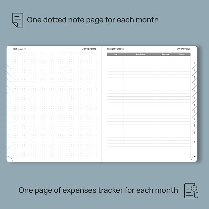 POPRUN Monthly Planner 2026-2027 (Large- 8.5" x 10.5" Soft Cover), 18-Month Calendar Book (Jan.2026 - Jun. 2027), Calendar Planner with Monthly Tabs & Pocket, 100 GSM Paper - Grey
