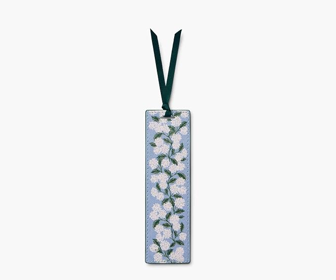 RIFLE PAPER CO. Hydrangea Bookmark, 1.75" W x 6" L, Delicate Blue and White Floral Design, Saffiano Polyurethane, Grosgrain Ribbon, Gold Foil Logo, Wipe-Clean