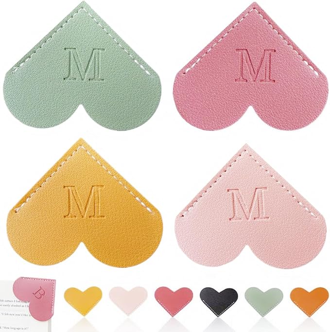 Personalized Leather Heart Bookmark, 26 Letters Customized Corner Book Mark for Reading Women, Book Marker with Initials，Cute Gifts (Light Pink+Deep Pink+Green+Light Brown, M)