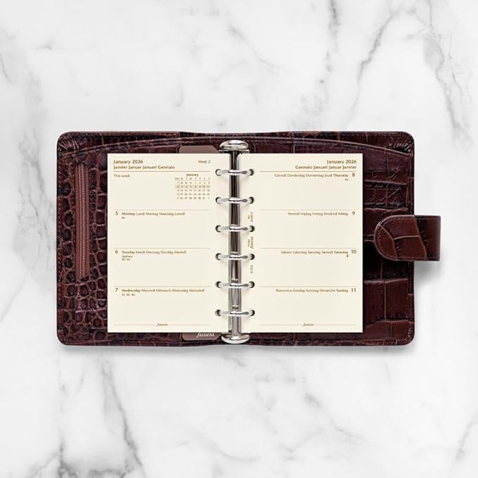 Filofax Calendar Diary Refill, Pocket Size, Week-to-View, Cotton Cream Paper, Unruled, Multilingual: Five Languages, 2026 (C68213-26)