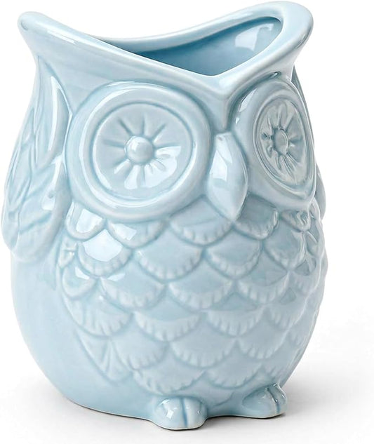 ComSaf Ceramic Owl Pen Holder, Glazed Blue Pencil Cup — Cute Teacher Appreciation Gift for Desk, Owl-Shaped Classroom Decor, Small Office Organizer for Home, School Desk & College Dorm Room, 3.5 Inch