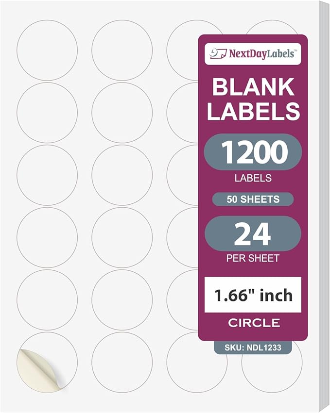 NextDayLabels 1.66 Inch Round Circle Stickers White Blank Labels for Laser Inkjet Printer - 24 Per Sheet Self-Adhesive Candle Jar Product Made in USA - 1200 Labels