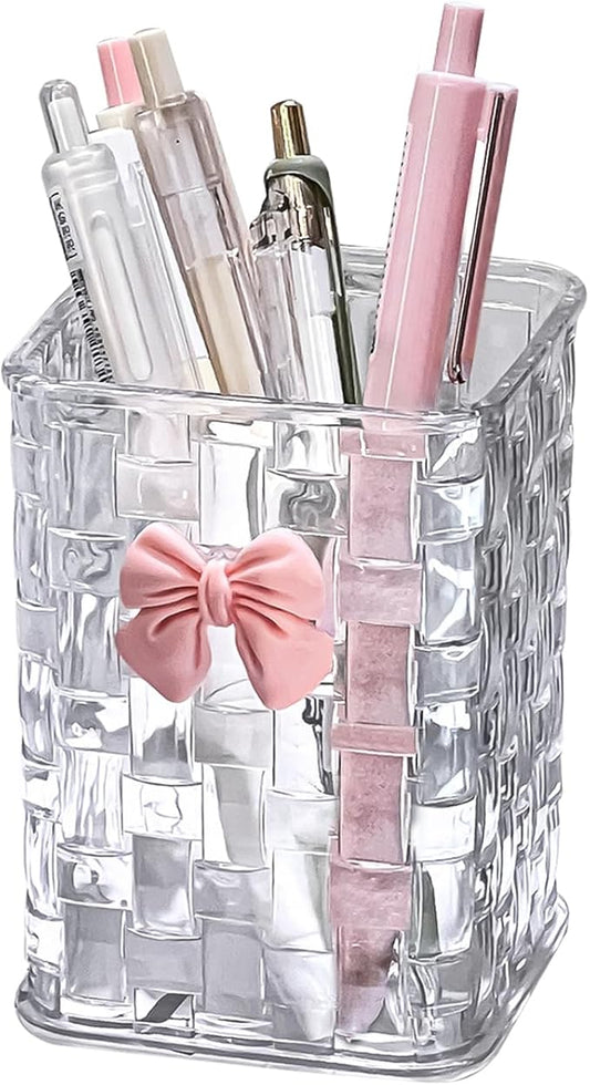 Acrylic Pen Holder for Desk, Clear Pencil Organizer Makeup Brush Cup Holders with Bow Back To School Accessories for Teachers Appreaction Present (Transparent)