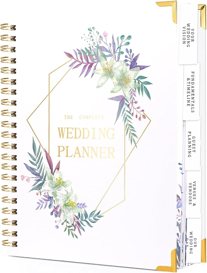 Spiral Wedding Planner Niotebook with Countdown Calendar, Beautiful Boho Wedding Planner Book and Organizer with Guiding Tab, Bridal Planning Binder (Lily)