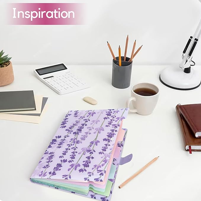 Folder Organizer Expanding File Folder Patternted - Accordion Document Organizer with 5 Pockets and Labels, Waterproof A4/Letter Size for School Office Home (Lavender)