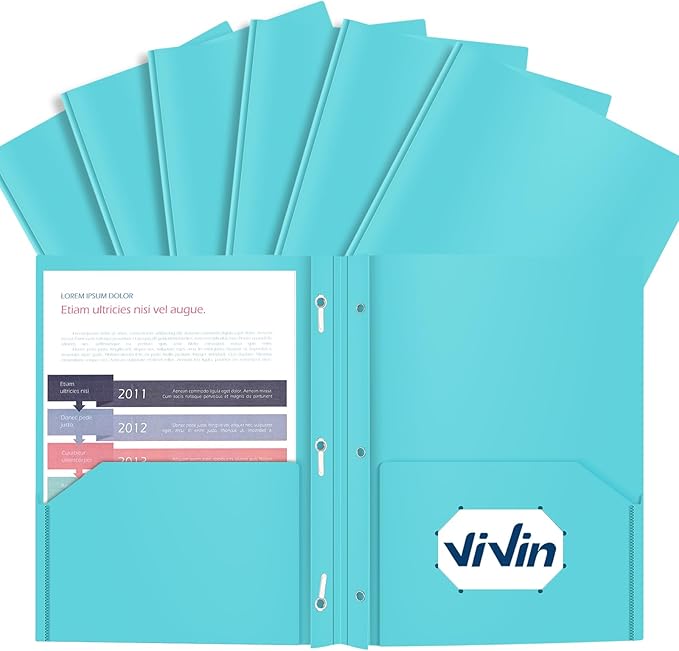 ViVin 12 Pack Plastic Folders with Pockets and Prongs, Heavy Duty 2 Pocket Folders with 3-Prong Fasteners, Poly File Holds 8-1/2" x 11" Paper for School Office Home (Lake Blue)