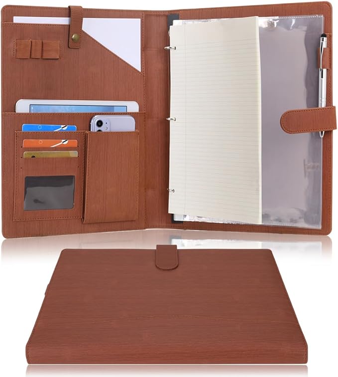 Wonderpool A4 PU Leather Portfolio Holder Ring File Document Case with Removable Binder Clipboard, Multi Pocket and Legal Pad for Business Organizer Interview and Meeting (Brown)