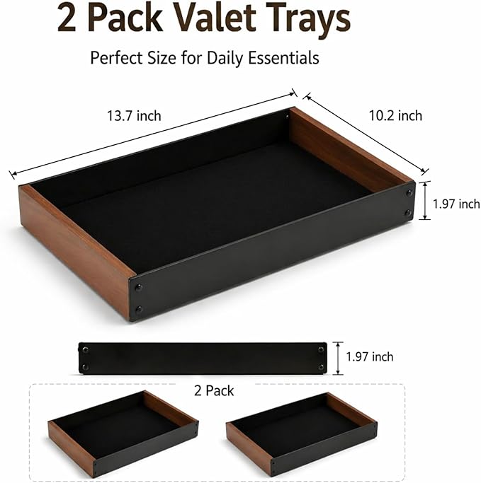 Geelin 2 Pack Desk Drawer Organizer, Valet Tray for Men, Nightstand Tray Acacia Wooden and Metal Entryway Bedside Dump Holder Accessories for Wallets, Keys, Watches, Phones, Loose Change, Trinkets