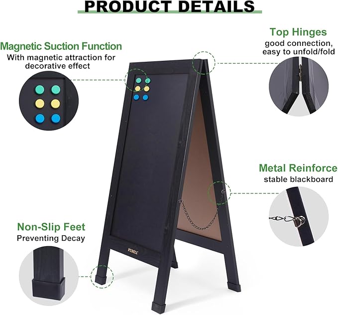 Large Sandwich A-Frame Chalkboard Sign - 40 x 20 Inches Magnetic Wooden Chalk Board for Sidewalk, Stand up Double-Sided Outdoor Easel Display for Restaurant Cafe Shop Wedding Party or Business（Black）