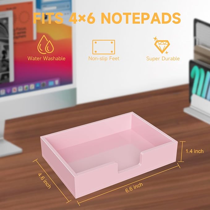 Acrylic Notepad Dispenser Organizer - 4 x 6 in Pink Sticky Note Holder W/O Pads Memo Holder for Dorm Room School Classroom Office Desk Organizer Aesthetic Supplies