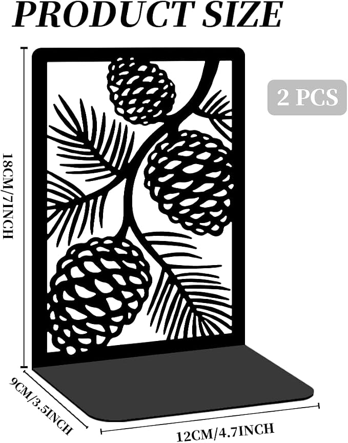 2 Pcs Decorative Metal Bookends, Pinecone Design Book Ends for Shelves Black Heavy Duty Book Stopper Suitable for Home Office School