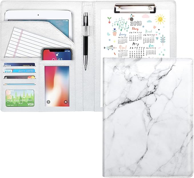 Marble Portfolio Case, WAVEYU Padfolio Cover Folder for Men, Conference/Resume/Legal Document Organizer with Letter/A4 Size Clipboard Hardboard, Business Card Holders, Document Sleeve, White Marble