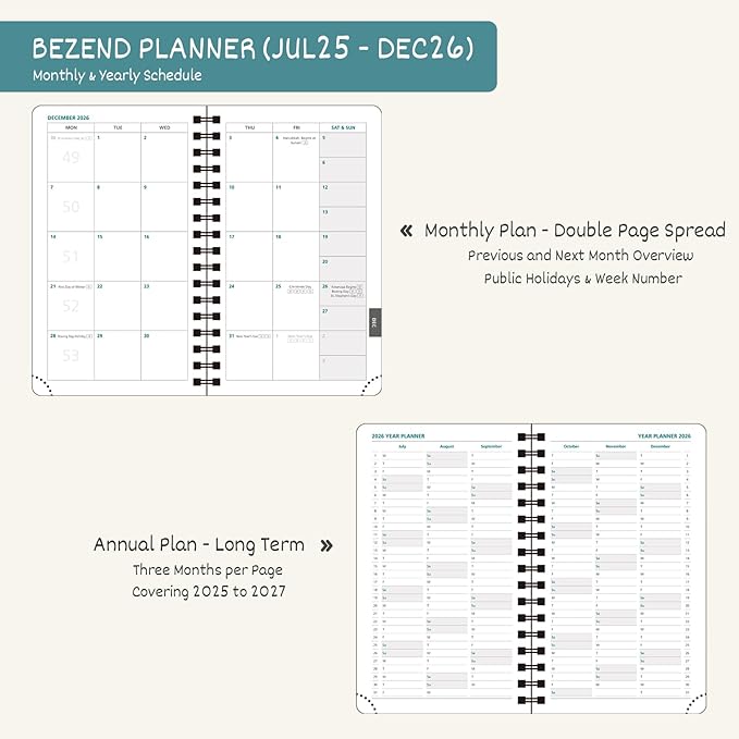 BEZEND Pocket Planner 2026 Weekly and Monthly (3.5" x 6") Small Calendar Book for Purse (Jul 25-Dec 26) with Daily Appointment, Storage Pocket, Pen Holder, Spiral, PU Leather Softcover - Black