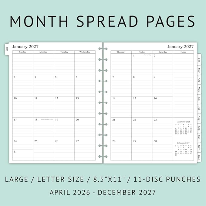 newestor 2026-2027 Monthly Planner Refill for 11-Discbound Notebooks, Apr 2026 to Dec 2027, Two Pages Per Month, Letter Size, 8-1/2" x 11"