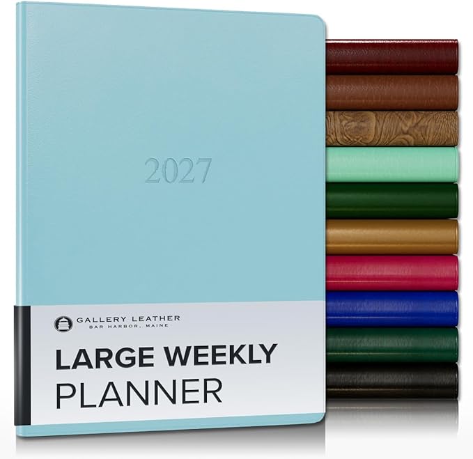Gallery Leather Large Weekly Monthly Planner 2027, Elegantly Bound Calendar Planner and Notebook with Stylish Gold-Gilded Page Edges, 12 Months - Caribbean Aqua - 9.75x7.5"