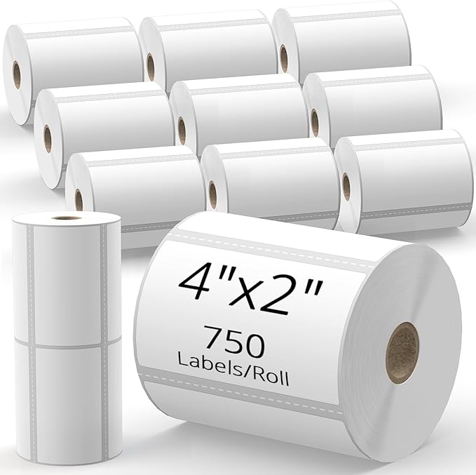 4x2 Direct Thermal Shipping Labels, 12 Rolls (750/Roll)，9000 Total Labels- Perforated White Mailing Labels Compatible with Zebra, Rollo, MUNBYN Thermal Printers for Shipping, Postage, Barcodes