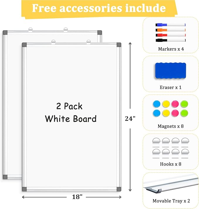 2 Pack Double-Sided Magnetic Whiteboard, 24" x 18" Dry Erase Board, Aluminum Frame White Board for Wall, Hanging Mounting White Board Dry Erase Marker Board for Office, School, Home