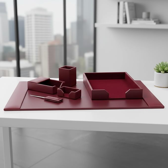 DACASSO Bonded Leather Desk Set - Luxury Leather Desk Pad & Desk Organization Essentials (Burgundy, 6 Piece)