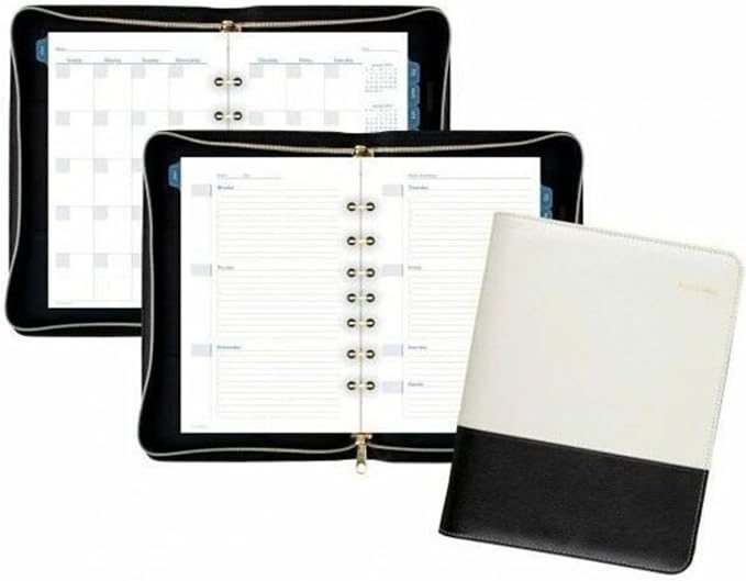 AT-A-GLANCE Faux Leather Fashion Starter Set, Undated, 7-Ring, 5-1/2" x 8-1/2", Desk Size, Black and Cream (DR1113-040)