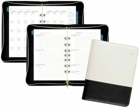 AT-A-GLANCE Faux Leather Fashion Starter Set, Undated, 7-Ring, 5-1/2" x 8-1/2", Desk Size, Black and Cream (DR1113-040)