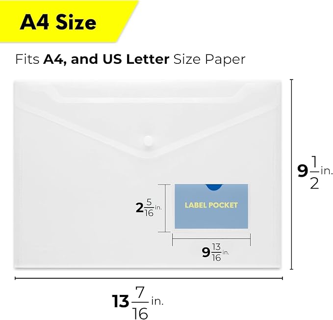 FLEXOFFICE 10 Pack Clear Plastic Envelopes with Snap Closure & Label Pocket, Reusable Poly Envelopes Waterproof for A4, US Letter Size, Important Document