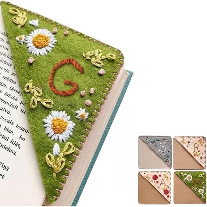 Personalized Hand Embroidered Corner Bookmark, 26 Letters Cute Flower Embroidered Corner Bookmark Embroidery Book Marker Clip for Book Lovers Bookmarks for Reading Lovers Meaningful GIF (Summer, G)