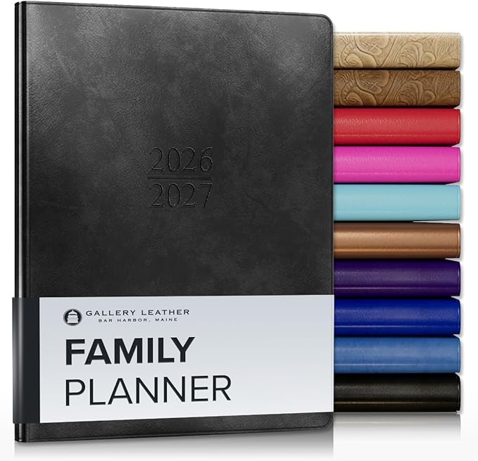 Gallery Leather Family Planner 2027, for moms, Elegantly Bound Calendar Planner and Notebook with Stylish White Page Edges, 18 Months - Acadia Black - 9x7"