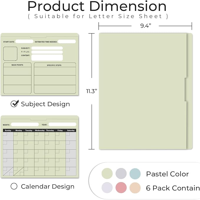 Y YOMA 6 Pack File Folder Jackets Letter Size Paper Pocket File Folder with Reinforced Straight-Cut Tab Pre-Printed Job Folders No Expansion Organizer for Office, Soft Colors, Project Design