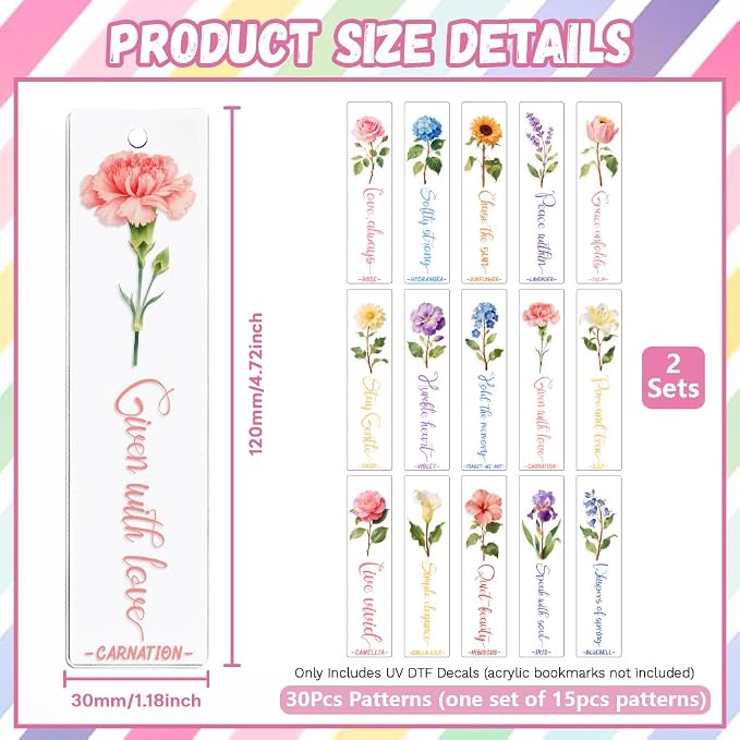 Peacoblue 30pcs UV DTF Bookmarks Transfer Stickers Wraps Simple Flowers for Women Men Reading, Waterproof Bookmarkers Decal(No Blank Bookmarks) for Acrylic Plastic Metal Blank Bookmark