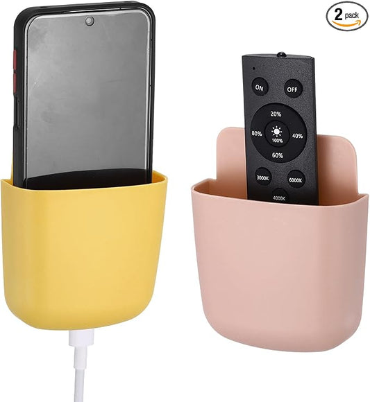 PATIKIL 2Pcs Remote Control Holder Wall Mount, Self-Adhesive TV Air Conditioner Control Holder Phone Charging Organizer for Home Office Bedroom Supply Pen Organizer, Yellow, Pink