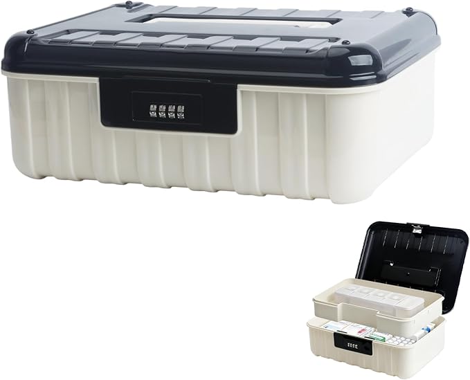 2-Tier Locking Storage Box with 4-Digit Combination Lock, Portable Stackable File & Medicine Organizer for Home, Office, Dorm (Black, 11.42x8.66x4.45 Inches)