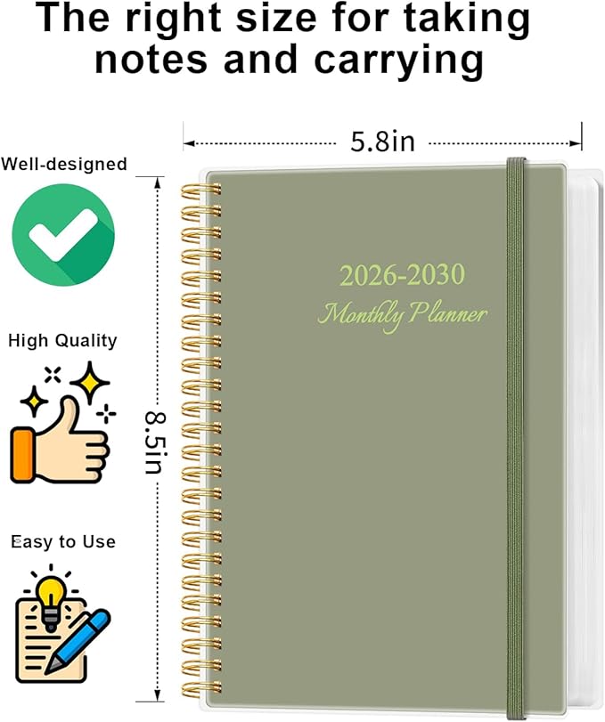 2026-2030 Monthly Planner - 57 Month PLanner Calendar from April 2026 to December 2030, 5 Year Planner 2026-2030 with Flexible Cover, Inner Pocket, Perfect for Home | School | Office, 5.8" x 8.5", Green