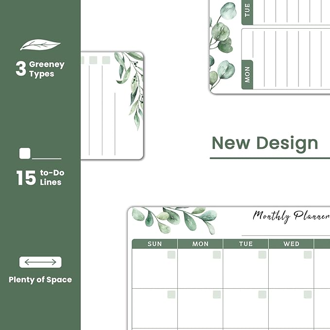 ALEZEL Magnetic Calendar Whiteboard for Refrigerator, Dry Erase Fridge Calendar Set - Greenery Magnetic Monthly & Weekly Calendar with List White Board, 4 Markers + Eraser