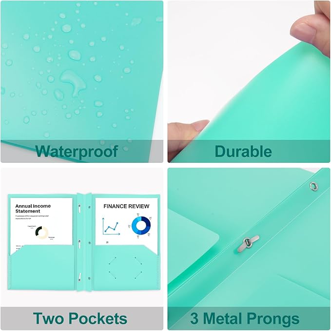 ViVin 12-Pack Pastel Color Folders - Durable Plastic Folders with 2 Pockets and 3-Prong Fasteners, Cute for School, Home and Office (Light Green)