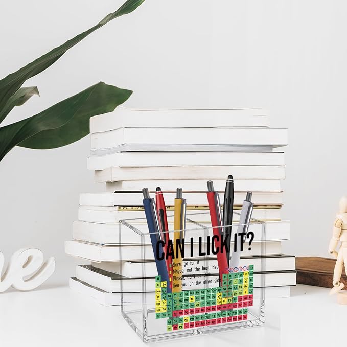Funny Chemistry Acrylic Cosmetic Pencil Pen Holder Funny Table of Elements Pen Holder Cup Teacher Gifts for Men Women Chemistry Teacher Decor for Office Desk Accessories