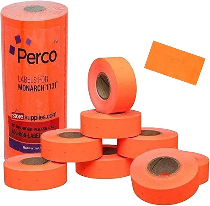 Perco Fluorescent Red Pricing Labels for Monarch 1131 Pricing Gun - 1 Sleeve, 20,000 Price Gun Labels Bundle with Monarch Ink Roll for Monarch 1131 & 1136 Price Labelers (Pack of 4)