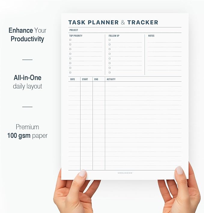 Task Planner & Tracker 8.5 x 11 Tear-Off 70 Sheet Planner Pad – Project Organizer with Time Log, Top Priority, Follow-Up – Notepad for Home & Office (White, Minimalist, 1 Pack)