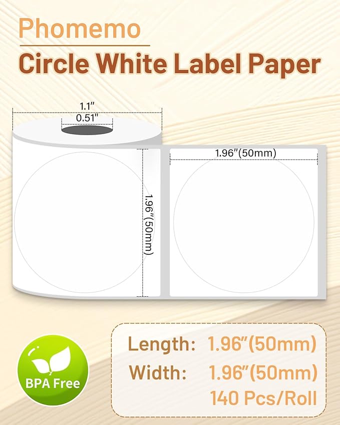 Phomemo Thermal Labels 1.96"x1.96"(50x50mm) for M110/M220/M100/M120/M250/M150, Multi-Purpose Self-Adhesive Tag for Barcode/Address/Logo/Mailing/Business/Home Tag,Black on White, 140 Labels/Roll