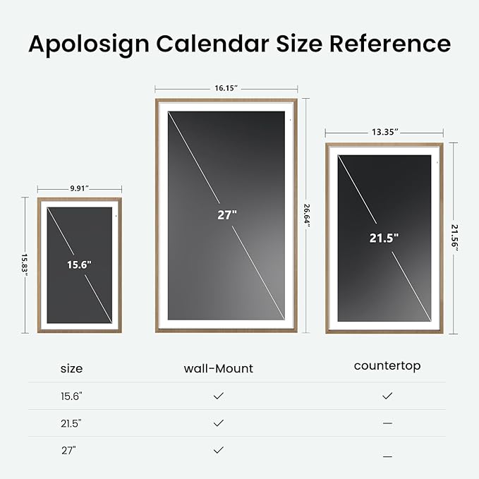 Apolosign 15.6-inch Digital Calendar : Dual Mode Smart Wall Planner, No Subscription, Install Apps, Sync Calendars, Electronic Touchscreen Interactive Display for Family Schedules, Chore Chart - with Stand (Teak)