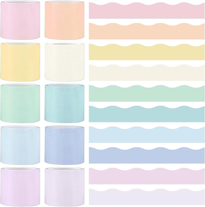 Wiooffen 10 Rolls 262ft Colorful Borders for Bulletin Board Scalloped Trim Bulletin Board Decorations Classroom Borders for Bulletin Board Back to School Supplies Office Wall Chalkboard Decor(Pastel)