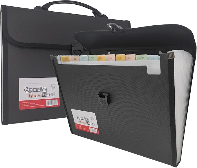 Expanding File Folder with Labels, 13 Pocket Accordion File Organizer, Letter A4 Paper Document Accordion Folder, 1 Pack (Black)