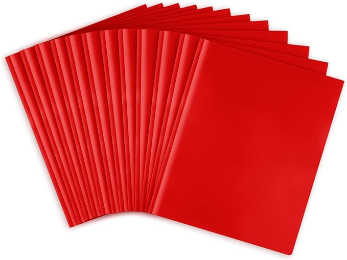 Feosky Plastic Two Pocket Folders with Prongs, Heavy Duty Folders with 2 Pockets and 3 prongs, File Folders with 3 Metal Prong Fasteners, Letter Size, for School, Home, and Office (Red)